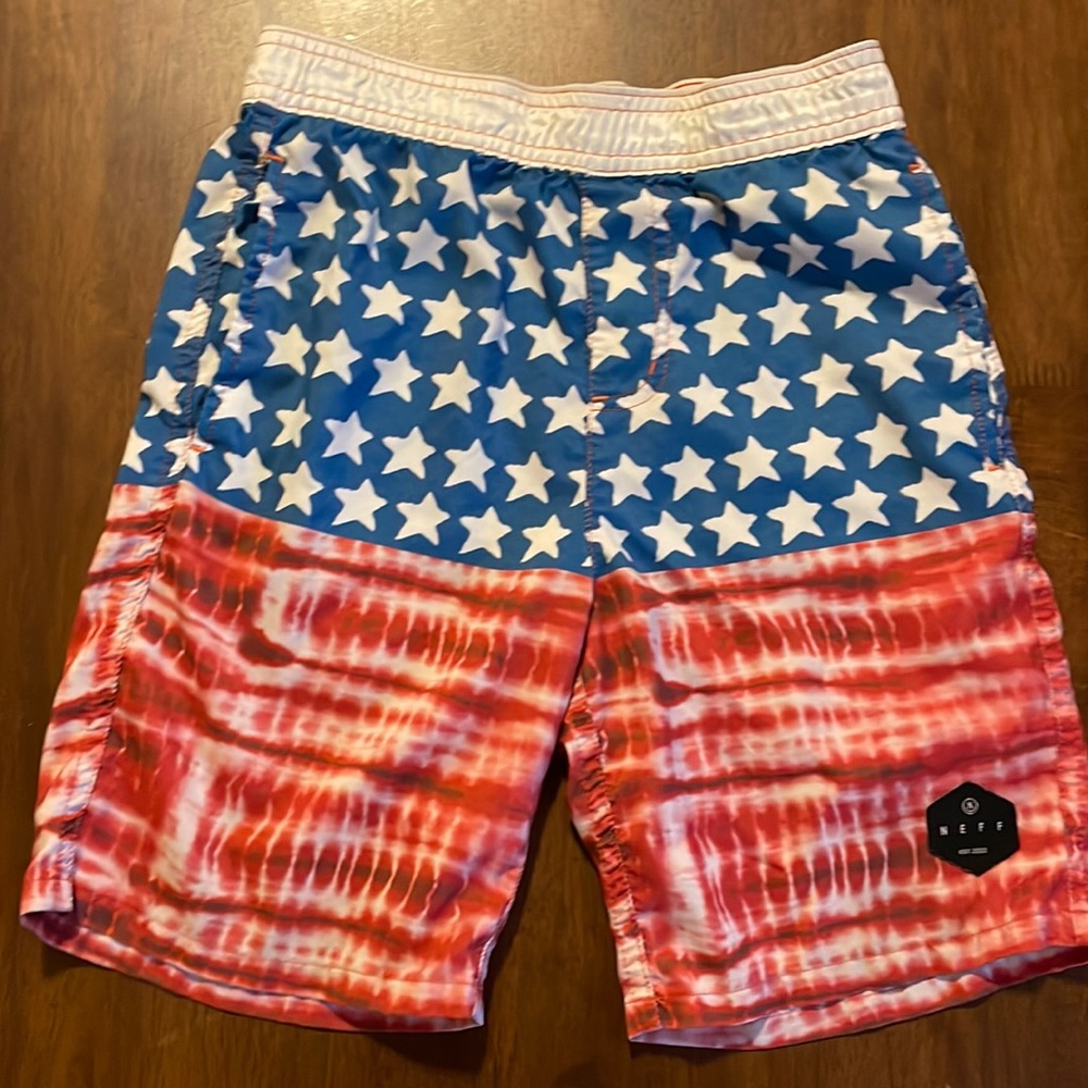🇺🇸Boys NEFF swim trunks size 8 red tie dye with white stars on blue